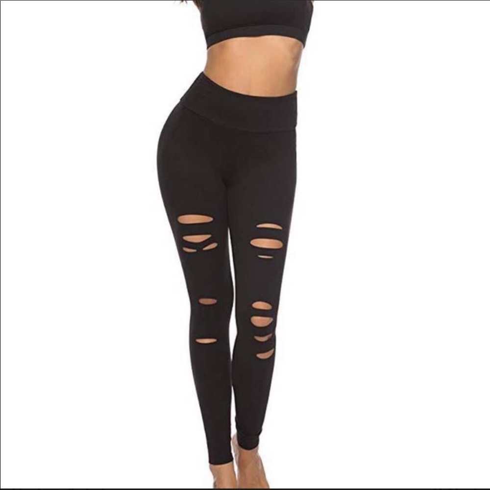 Ripped Leggings Black Yoga Pants Athleti… - Picture 2 of 8